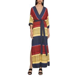 BCBGMAXAZRIA Kimono Striped Faux Wrap Casual Maxi Dress Belt Red Yellow Blue XS